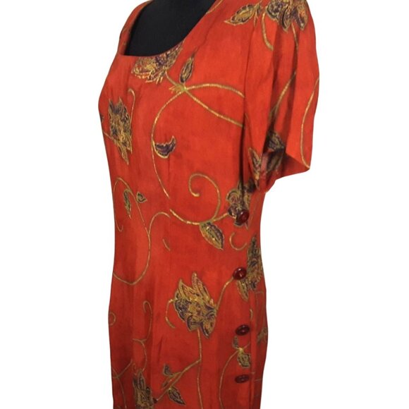 Vintage S.L. Fashions Womens Orange Floral Midi Dress Size 8 Side Buttons Casual - Picture 7 of 10